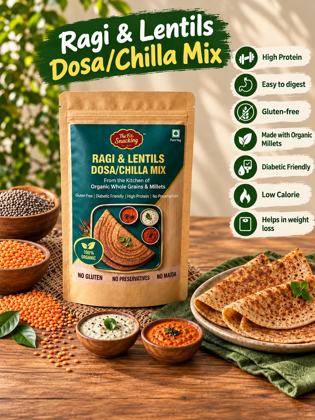 Ragi & Lentils Dosa/Chilla Mix | 11g Natural Protein | Diabetic-friendly | Gluten-free Ancient Grains. Modern Nutrition. Everyday Wellness.